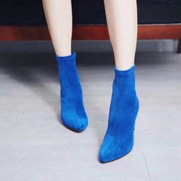 Hot Sale-SEXY~ 2019081703 blue/black strech slip on heel short boots