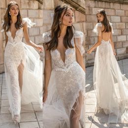 BERTA Lace Beach Wedding Dress Boho Plunge V Neck Sexy Fashion Open Back Tulle Split Bohemian Wedding Bridal Gowns 2020 Robe de mariee