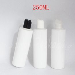 -250ml garrafa de plástico branco com tampa superior de disco, 250cc shampoo / loção garrafa de embalagem, recipiente cosmético vazio