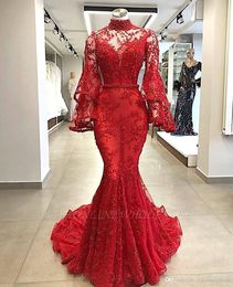 Red Lace Mermaid Long Evening Dresses High Neck Long Sleeves Sheer Neck Beaded Sweep Train Formal Prom Formal Party Dresses Custom