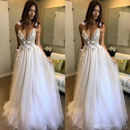 New Boho Beach Wedding Dresses Berta A-Line Deep V-Neck Backless 3D Applique Beaded Flowers Floor Length Tulle Bridal Gowns
