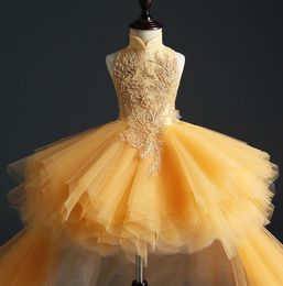 Golden Tulle Girl's Pageant Dress Birthday Party Dress Hi-Lo Sequin Beads Flowers Girl Princess Dress Fluffy Kids First Commu3218