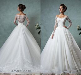 Vintage 2020 Amelia Sposa Wedding Dresses Long Sleeve V-Neck Appliques Lace Wedding Bridal Gowns Party Dress252C