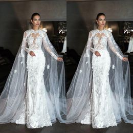 Arabic Mermaid Dubai Dresses with Cape Beading Long Sleeve Court Train Lace Applique Wedding Dress Bridal Gowns