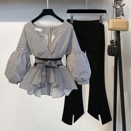 New Striped Blouse & Wide Leg Pants Set with Sashes Fashion Puff Sleeve Blusas + Flare Pants 2 PCs Women Suits