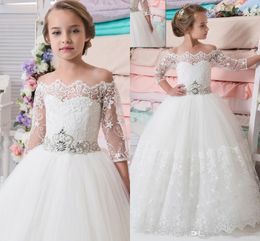 New Princess Flower Girls Dresses Bateau Neck Beaded Sash Lace Half Sleeves Pageant Gowns Long Floor Tulle Communion Dress