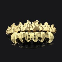 Hip Hop Gold Teeth Grillz Flame Top & Bottom Grills Dental Mouth Punk Teeth Caps Cosplay Party Tooth Rapper Jewellery Gift