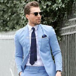 Popular Two Buttons Light Blue Groom Tuxedos Notch Lapel Groomsmen Mens Suits Wedding/Prom/Dinner Blazer (Jacket+Pants+Tie) K308