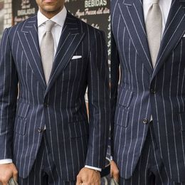 2 Pieces Pinstripe Mens Wedding Suits Two Button Peaked Lapel Groom Formal Wear Prom Tuxedos Man Blazer Suit Jacket Pants2276
