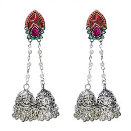 Indian Jhumki Jhumka Earrings with Double Bells Beads Tassel Dangle Earrings for Woman Charm Jewellery