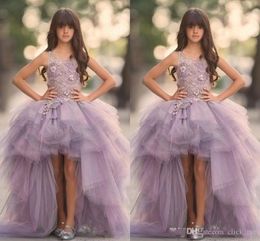 Lavender High Low Girls Pageant Gowns Lace Applique Princess Flower Girl Dresses For Wedding Tiered Skirt Tulle Puffy Kids Party Dress