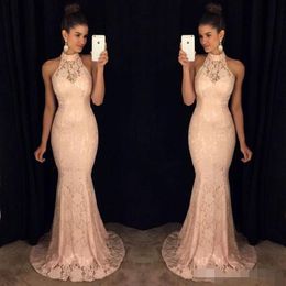 Elegant Pink Full Lace Evening Dresses Mermaid Sweep Train High Halter Neck Custom Made Plus Size Prom Party Gown Forma Ocn Wear