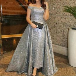 Silver Sequined Mother Of The Bride Dresses Overskirt Plus Size Kaftan Off Shoulder Capped Sleeveless Prom Evening Gowns
