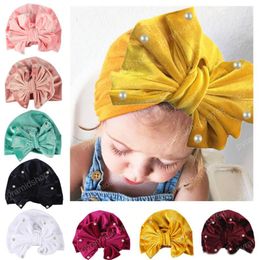 2019 Baby Girls Soft Turban Bow Knot Hat With Pearl Toddler Velvet Beanies Cap Solid Indian Style Baby Girl skullies Cap