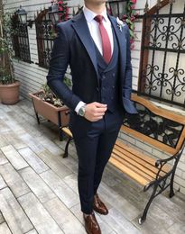 Custom Made Groomsmen Notch Lapel Groom Tuxedos Navy Blue Blue Men Suits Wedding/Prom/Dinner Best Man Blazer ( Jacket+Pants+Tie+Vest ) H27