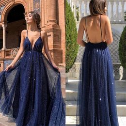 Sparkly Blue Prom Dresses 2019 Spaghetti Straps Backless Lace Sequined Evening Gowns Floor Length Sexy robes de soirée
