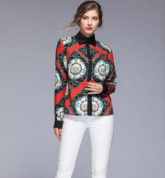 totem printed red green Contrast Colour long sleeve women blouse Career women spring slim fit ladies shirt work Career blouses