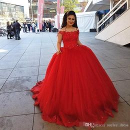 Red Quinceanera Dresses Tulle Off the Shoulder Scalloped Lace Applique Beaded Sweet 16 Birthday Party Prom Ball Gowns Custom Made