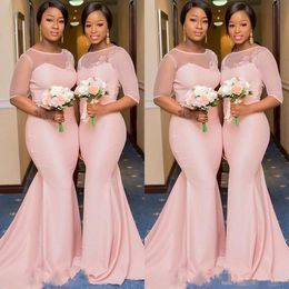 Blush Pink African Nigerian Mermaid Bridesmaid Dresses with Sleeve 2019 Sheer Lace Neck Plus Size Maid of Honor Wedding Guest Gown