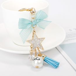 COCO Bag Charms Keyrings Keychains Artificial Pearl Star Bow Tassel Pendant Car Key Chains Holder for Girls Women Fashion Jewellery Key Rings