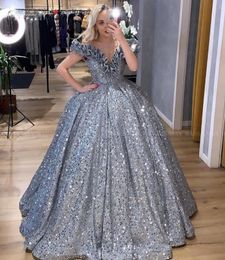2020 Glitter Silver Sequin Arabic Ball Gowns prom Dresses v neck 2020 Off the Shoulder Ruffles Masquerade Plus Size Sweet 16 Dress