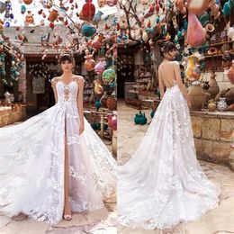 floral wedding dress bateau appliqued lace sleeveless court train bridal dress illusion backless custom made robes de marie