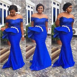 South African Plus Size Prom Dresses Royal Blue Off Shoulder Mermaid Evening Gowns Satin Peplum Floor Length Formal Party Dress