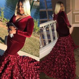 Velvet Plus Size Prom Dresses Custom Made Long Sleeve Floral Appliques Sweep Train Red Mermaid Evening Dress African Dubai Party Dresses