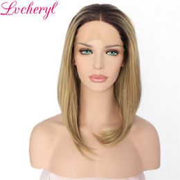 Free Shipping Two Tones 1b/27# Ombre Brown Silky Straight Short bob Wigs Heat Resistant Glueless Synthetic Lace Front Wigs for Black Women