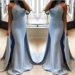 Fashion Halter Mermaid Evening Dresses Formal Arbric Satin Lace Sleeveless 2019 Sexy Long Party Prom Dresses Pageant Gowns Robe De Soiree