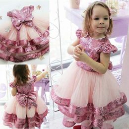 Pink A Line Sequined Flower Girl Dresses For Wedding Jewel Neck Tiered Pageant Gowns Tulle Cheap Kids Prom Dress