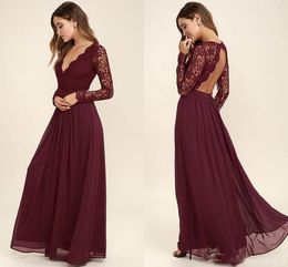 Deep V Sexy Neck Bury Evening Dresses Hollow Back Chiffon Lace Floor Length Long Sleeves Prom Tail Party Dress