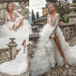 Amazing Lace Long Sleeves Wedding Dresses Deep V Neck Backless Bridal Gowns A Line Tiered Side Split Tulle robe de mariée