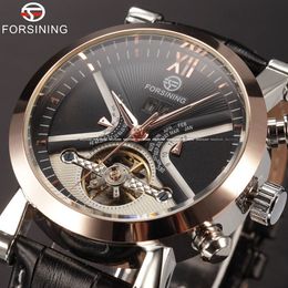 Forsining Tourbillion Classic watch Design Calendar Display Golden Bezel Genuine Leather Automatic Watch Mens Watches Top Brand Lu257y