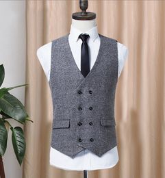 Customised Double-breasted Tweed Vest Wool Herringbone Groom Vests Pockets Men's Suit Vests Slim Fit Men's Dress Vest Wedding Waistcoat