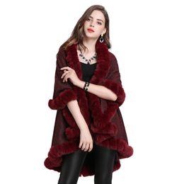 New Autumn Winter Women's Outwear Shawl Ponchos Faux Fox Fur Collar Plush Warm Cardigan Knitted Cape Poncho C4985