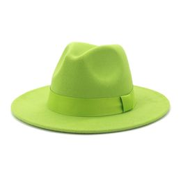 Lime Green Solid Colour Wool Felt Jazz Fedora Hats with Ribbon Band Women Men Wide Brim Panama Party Trilby Wedding Hat5037324