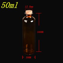 30*100*12.5mm 50ml Amber Glass Bottles with Cork Empty Tiny Jars Glass Corks Liquid Medicine Bottles Vials 50pcs