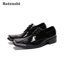 Batzuzhi Handmade MEN's Leather Shoes Lace-up Black Genuine Leather Dress Shoes Men Square Metal Toe Business Leather Shoes