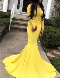 African Yellow Mermaid Long Sleeve Prom Dresses New Hot Selling Sweep Train Off The Shoulder Stain Formal Evening Party Gowns Custom Made