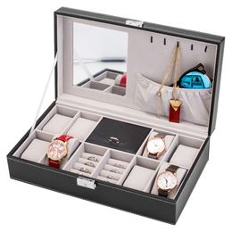 US Stock Jewelry Box 8 Slots Watch Organizer Storage Case with Lock and Mirror for Men Women Black