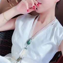 Hot style 2strands necklace 8-9mm white freshwater pearl micro inlay zircon peacock flower accessories tassel pendant 56-58cn