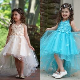 Sky Blue Hi Lo Flower Girls Dresses Tulle Tiered Hand Made Flower Toddler Pageant Baby Birthday Gowns Kids Formal Wear First Communion Dress