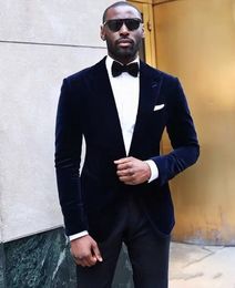 Velvet Groom Tuxedos Navy Blue Men Wedding Tuxedos Peak Lapel Popular Men Dinner/Darty Jacket Blazer Suit Custom Made(Jacket+Pants+Tie) 1127