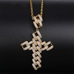 High Qualtiy Yellow White Rose Gold Full CZ Cross Pendant Necklaces for Men Hip Hop Necklace With 24inch Rope Chain