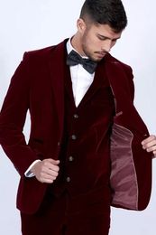 Fashion Burgundy Velvet Groom Tuxedos Peak Lapel Groomsmen Wedding Dress Excellent Man Jacket Blazer 3 Piece Suit(Jacket+Pants+Vest+Tie)1182