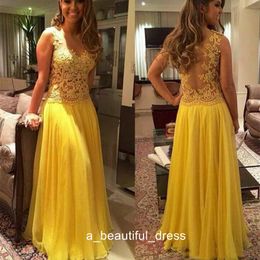 lllusion Yellow Evening Dresses Sheer With Appliqued Beading Pleats Chiffon Long Prom Dress Formal Party Gowns ED1301