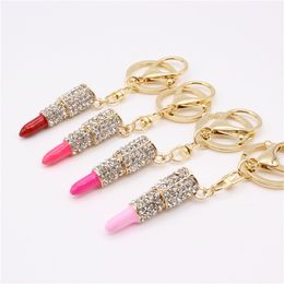 Metal insert drill Lip Gloss Lipstick key buckle Car pendant key ring s Fashion Jewelry Metal Crystal Lipstick key chains T9I00191