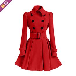 Women's Wool & Blends Winter Women Woolen Coat Windbreaker Multicolor Belt Bandage Top White Blend Girls Dress Jacket Thick Ladies Tops Plus