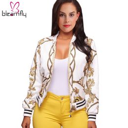 Fashion-Wholesale- Ladies Bomber Jackets Retro Baseball Coat for women White Black Print Feminina Basic Outwear Gold Chain Print Clothes